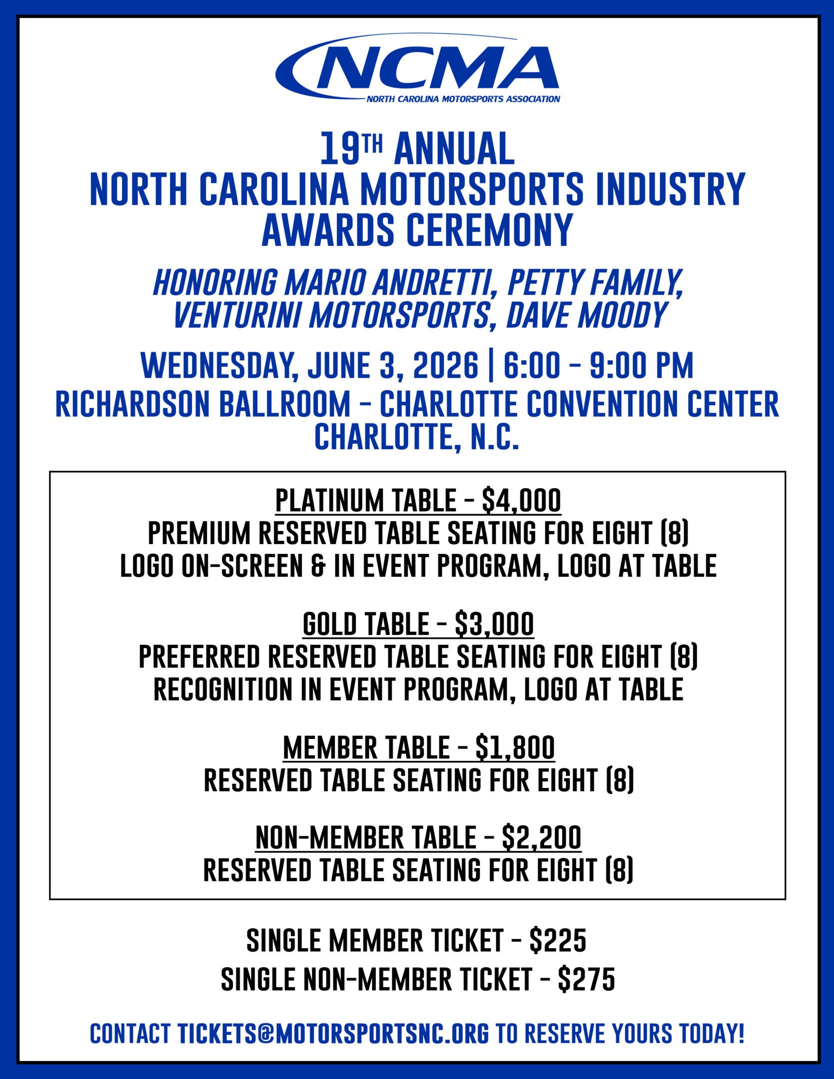 2026 NCMA Industry Awards Pricing Sheet TICKETS AND TABLES